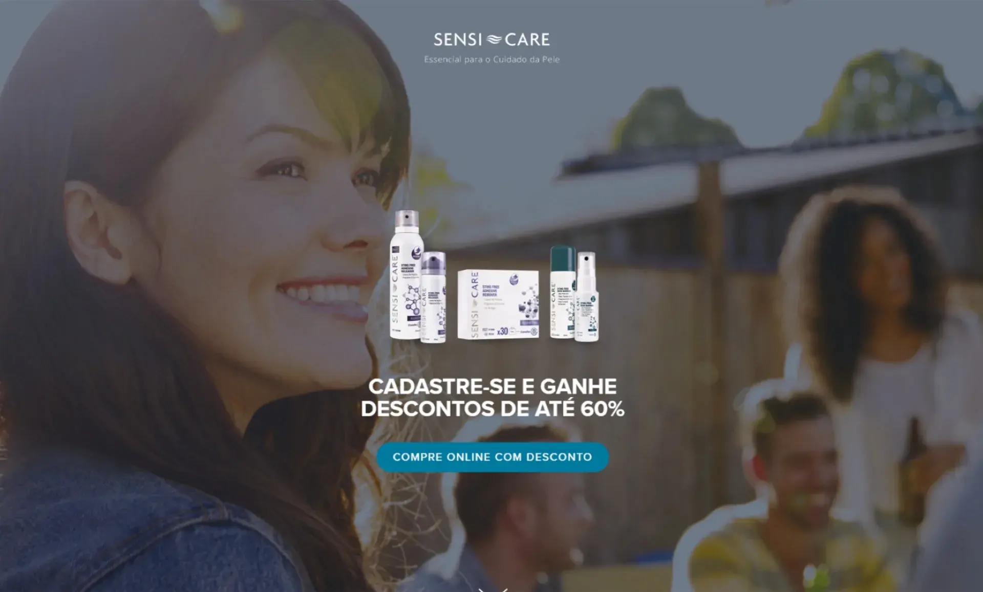 Landing page da linha SensiCare, com os produtos de cuidado da pele em destaque e a chamada de cadastro com desconto.