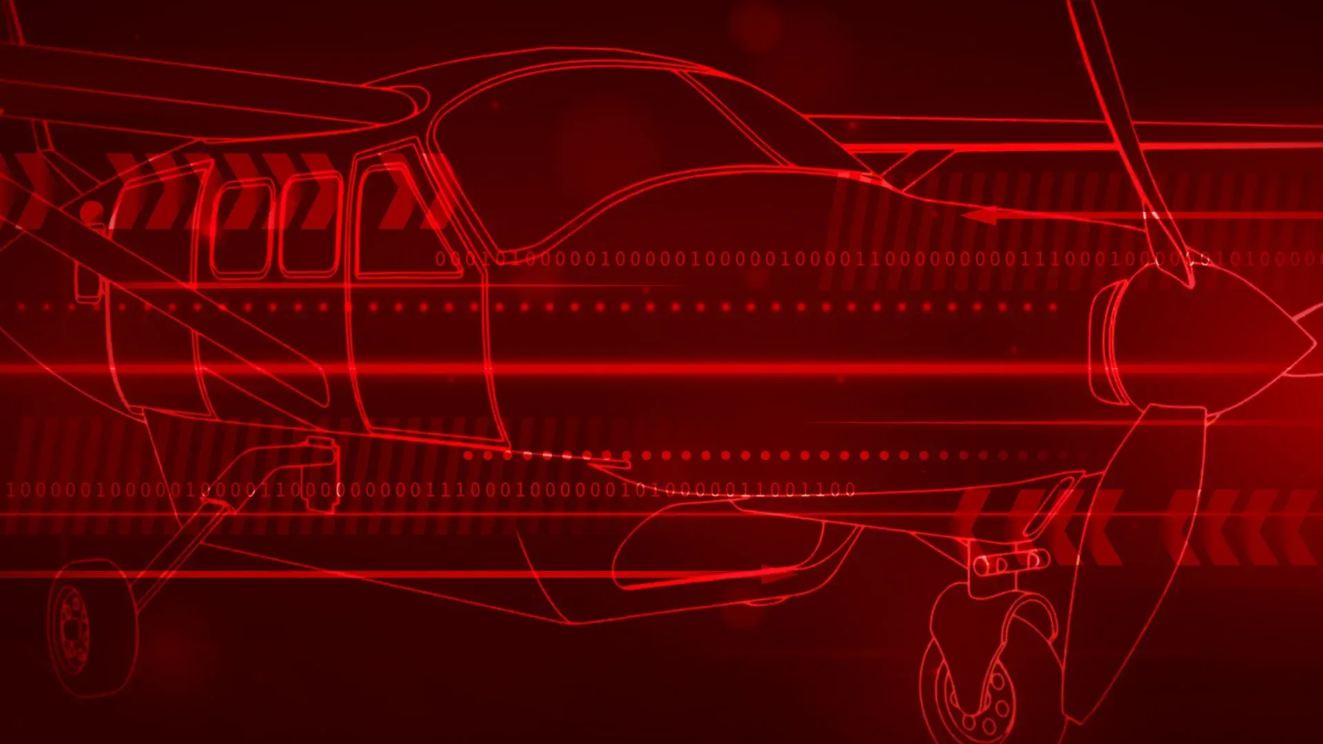 Ilustração técnica de um Cessna Caravan em traço vermelho sobre fundo escuro, no estilo de projeto de engenharia, com código binário atravessando a imagem.