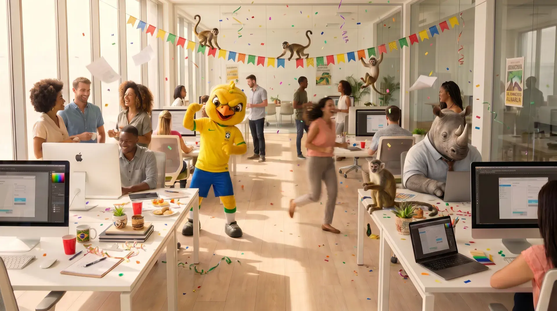 Escritório em festa, com confete no ar, bandeirinhas coloridas atravessando a sala e pessoas comemorando entre as mesas de trabalho.