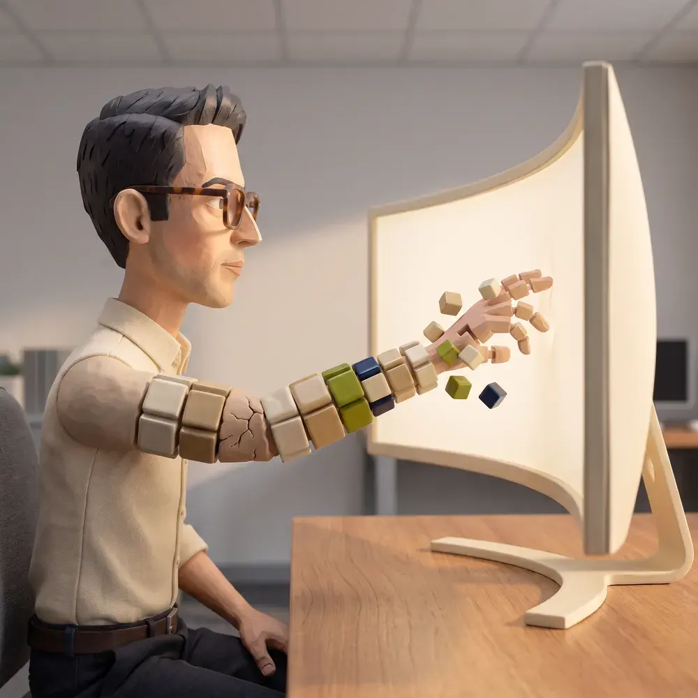 Cena em boneco esculpido de stop-motion. Um homem de perfil, sentado a uma mesa, encosta os dedos na tela curva de um monitor ultrawide. Do cotovelo até a ponta dos dedos o braço dele vai virando cubos, cada vez menores e mais soltos, e a mão já se desfez inteira em cubos que atravessam a tela.