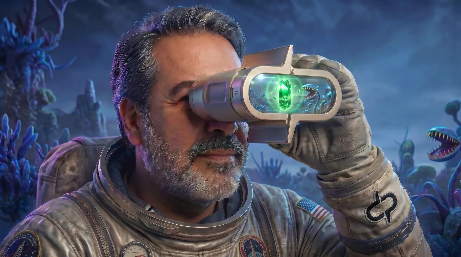 Astronauta com o símbolo da digigroup no traje, observando uma paisagem alienígena por um visor que brilha em verde.