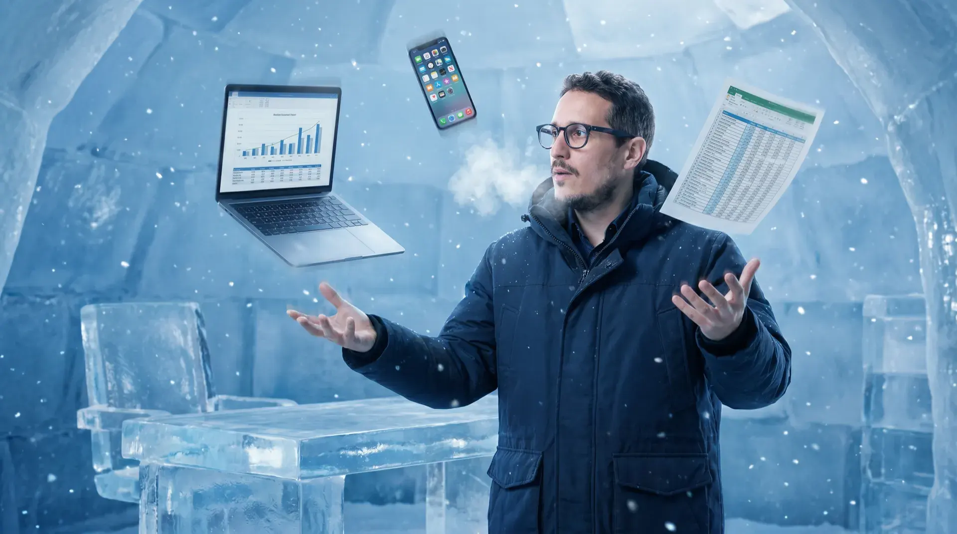 Homem de casaco dentro de um iglu de gelo, com um notebook, um celular e uma planilha flutuando no ar ao redor dele.