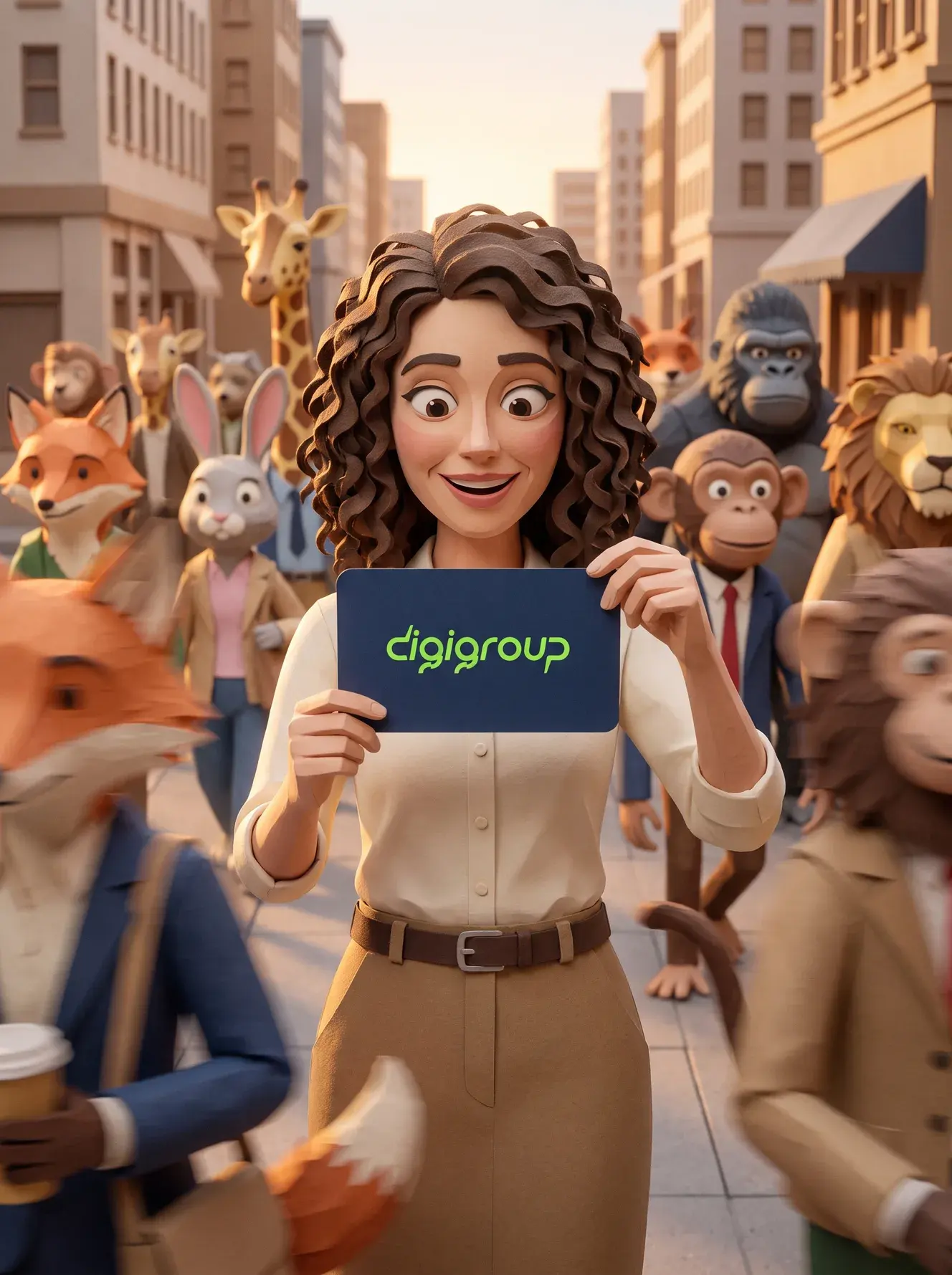 Rua movimentada de cidade, toda modelada em papel e feltro, no fim da tarde. No meio de uma multidão de animais vestidos de gente, uma mulher está parada de frente pra câmera segurando um cartão azul-escuro com o nome digigroup escrito em verde-limão. Os personagens em primeiro plano passam borrados pelo movimento.