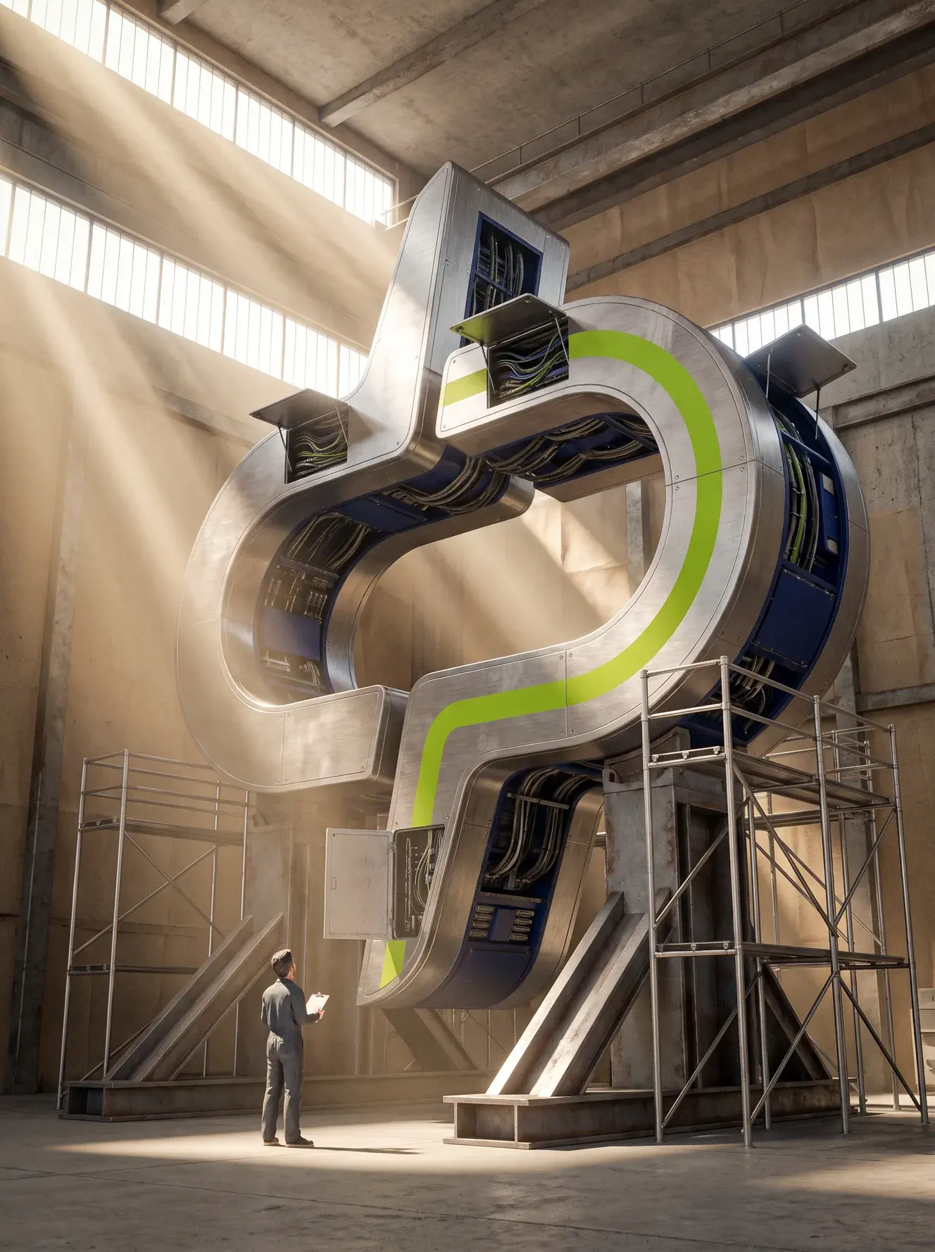 Hangar de manutenção com feixes de luz atravessando a poeira. No centro, uma estrutura de aço de dezenas de metros com a forma do símbolo da digigroup, cercada de andaimes e com painéis de acesso abertos. Na base, minúsculo, um técnico de macacão olha pra cima com uma prancheta na mão.