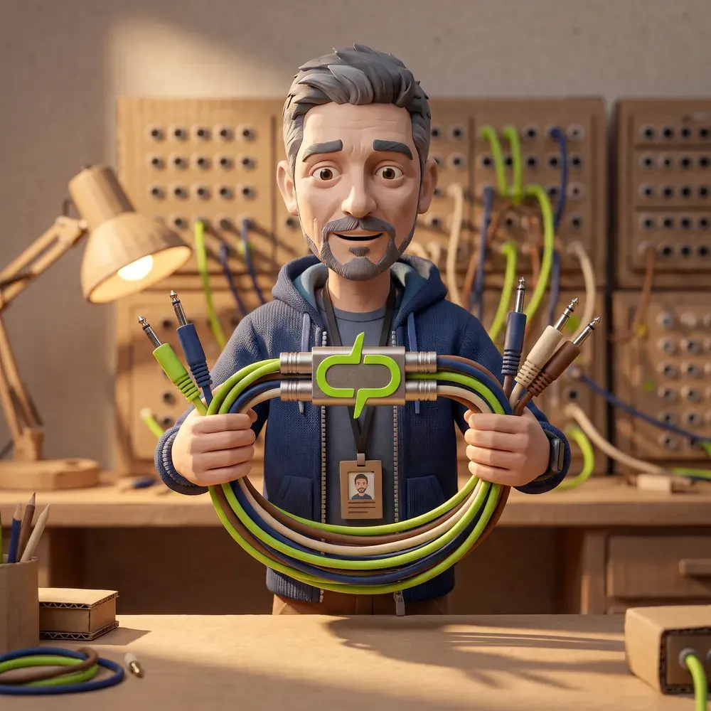 Cena em boneco esculpido de stop-motion. Um técnico segura aberto um chicote de cabos coloridos diante de uma bancada de painéis de conexão, e o conector que junta os dois lados do chicote tem a forma do símbolo da digigroup.