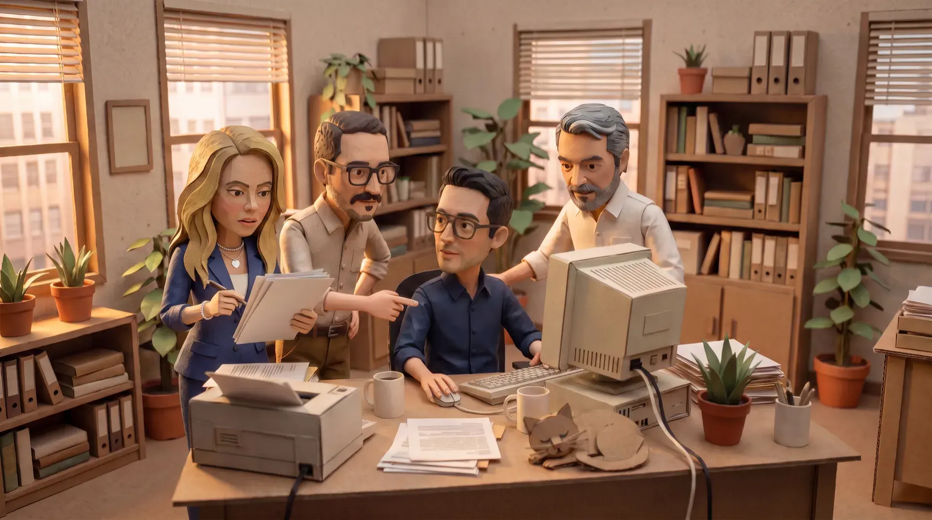 Cena em massinha de quatro pessoas reunidas em volta de um computador antigo num escritório, discutindo um documento impresso.