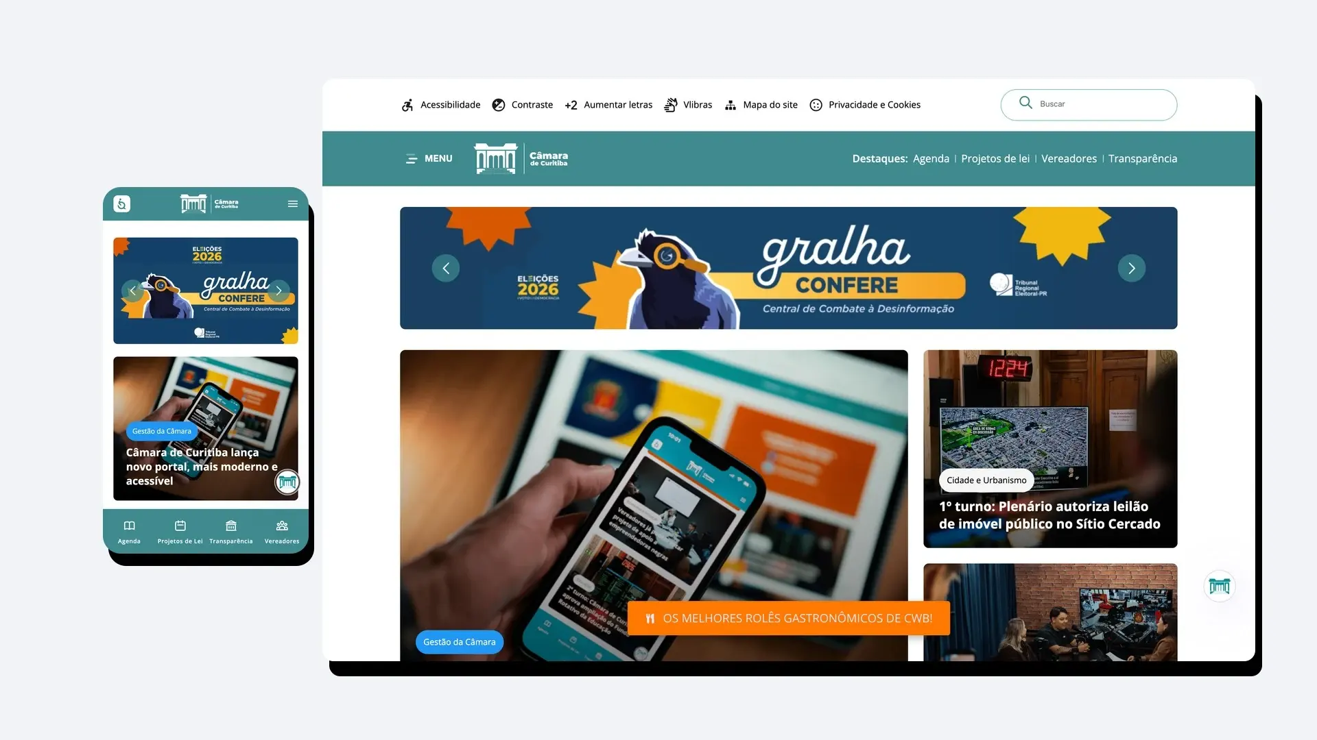 O portal da Câmara Municipal de Curitiba em duas telas lado a lado. No desktop, a barra de acessibilidade no topo com contraste, aumento de letras e VLibras, o menu em verde-petróleo com Agenda, Projetos de lei, Vereadores e Transparência, e a grade de notícias. No celular, a mesma home com a manchete "Câmara de Curitiba lança novo portal, mais moderno e acessível" e a barra de navegação inferior.