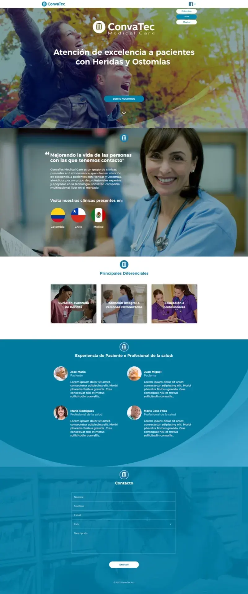 Landing page da ConvaTec Medical Care para a América Latina, com o seletor de país entre Colômbia, Chile e México, os diferenciais em cuidado de feridas e atendimento a pessoas ostomizadas, depoimentos e formulário de contato.