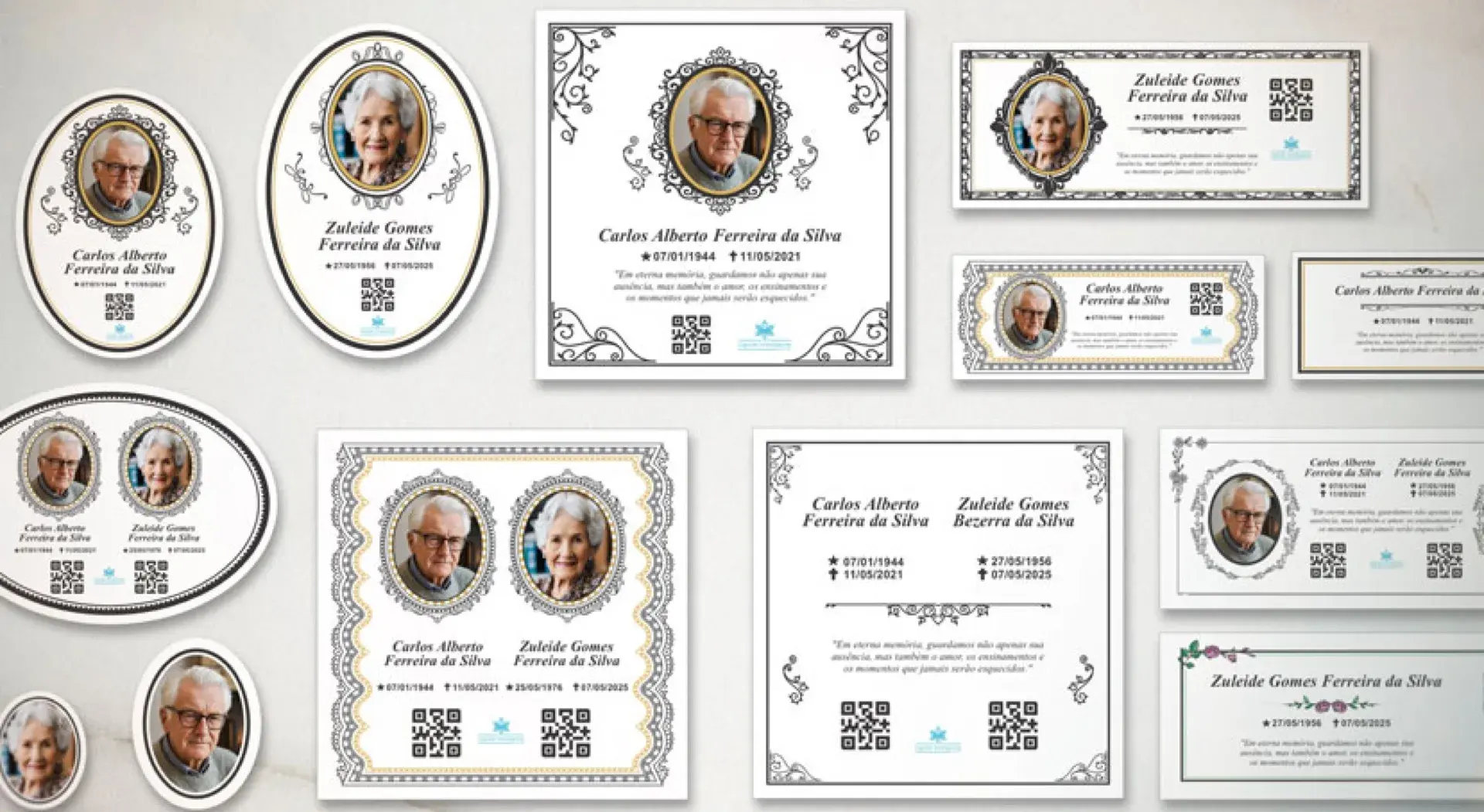 Doze modelos de placa de porcelana em formatos oval, retangular e quadrado, cada uma com foto, nome, datas e QR code.