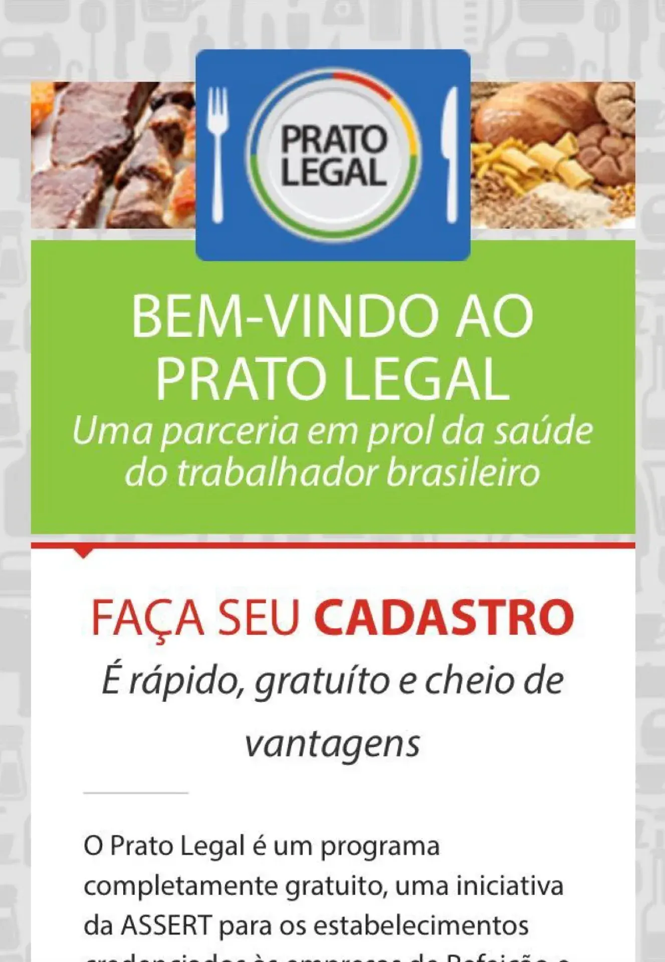 E-mail de boas-vindas do Prato Legal, com a chamada “Uma parceria em prol da saúde do trabalhador brasileiro” e o convite para cadastro gratuito.