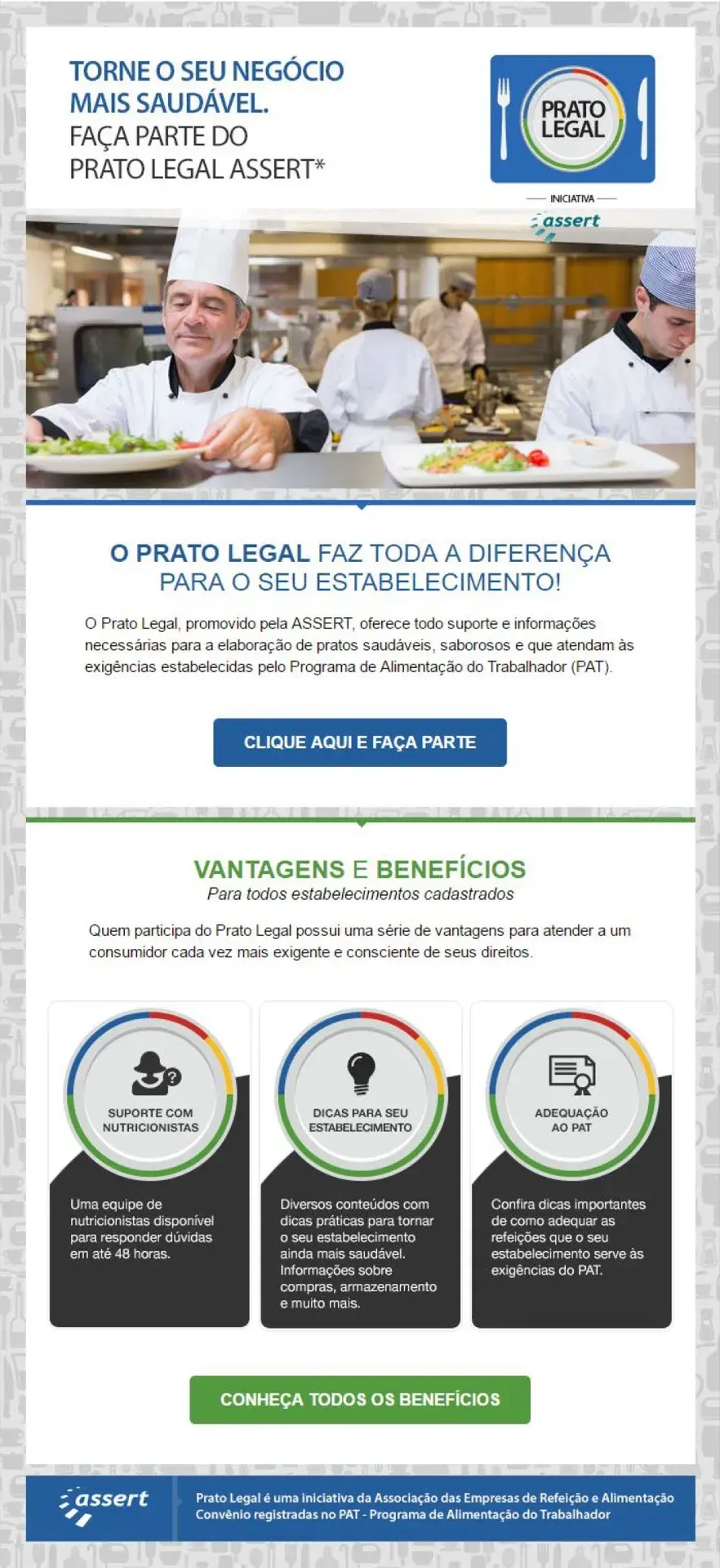 E-mail para restaurantes com a chamada “Torne o seu negócio mais saudável” e três benefícios do programa: suporte com nutricionistas, dicas para o estabelecimento e adequação ao PAT.