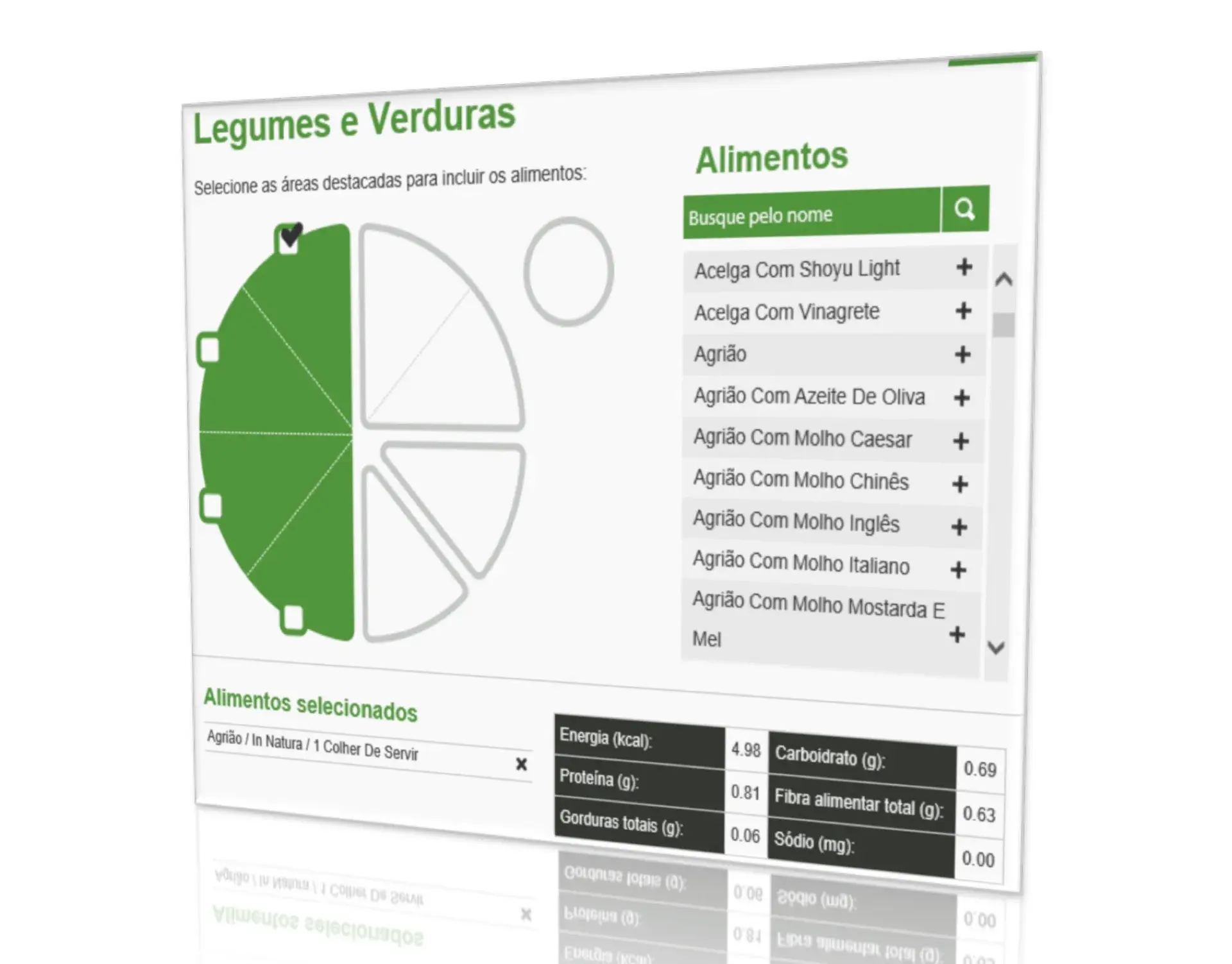 Tela da ferramenta com o prato montado, a lista de alimentos escolhidos e a tabela nutricional calculada logo abaixo, mostrando energia, proteína, gorduras, carboidrato, fibra e sódio.