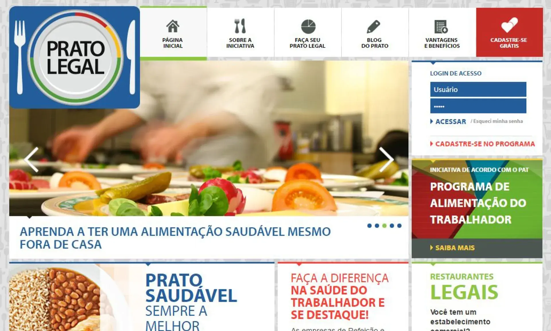 Home do site do Prato Legal, com o menu do programa, a chamada “Aprenda a ter uma alimentação saudável mesmo fora de casa” e o bloco de cadastro para restaurantes.