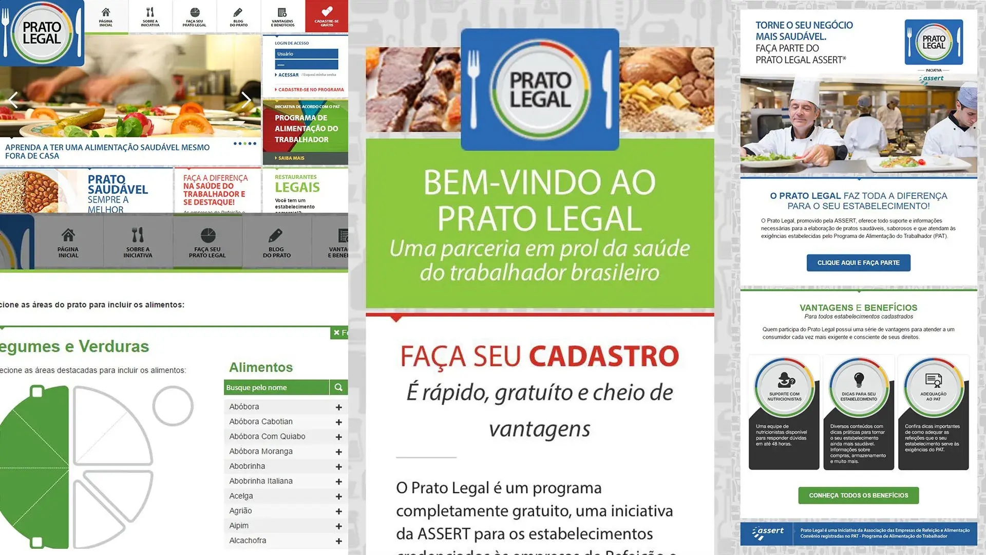 Três telas do programa lado a lado: a home do site, o e-mail de boas-vindas e a página de cadastro para estabelecimentos.